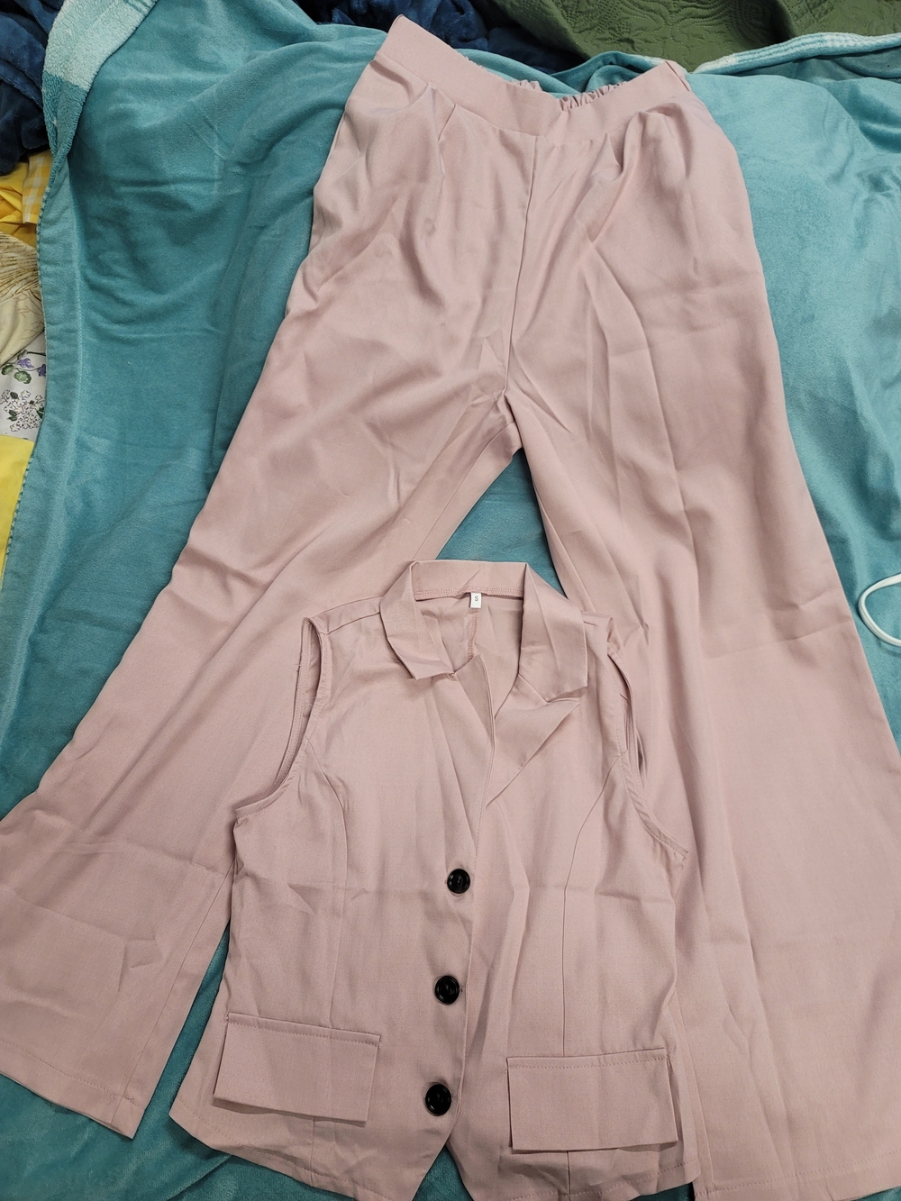 Sleeveless Blazer & Wide-Leg Pant Set - Light Mauve